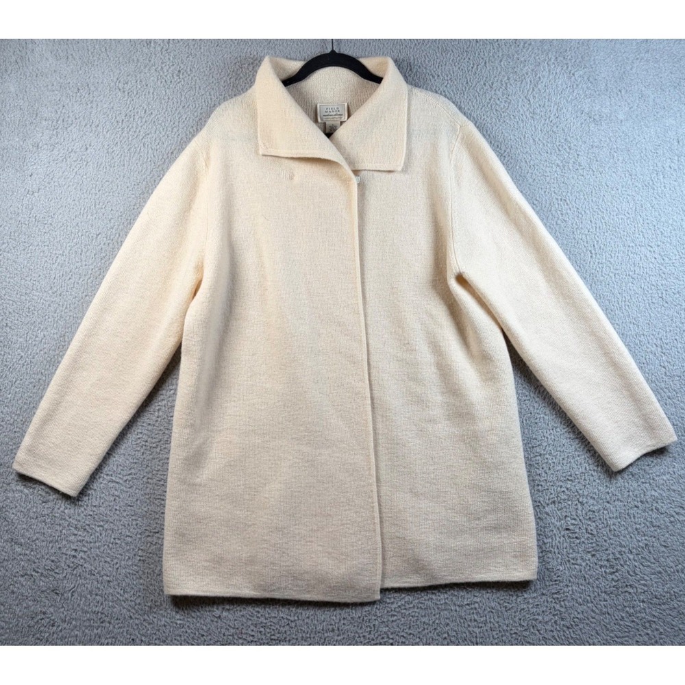 Field Manor Modern Classics 100% Wool Cardigan Womens L Sweater Cream Ivory Cozy